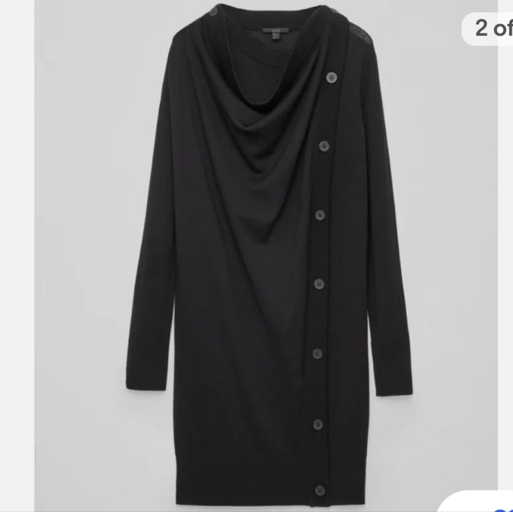 Cos Black Merino Wool Draped Button Long Sleeve D… - image 3